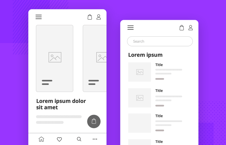 Simple wireframe of a mobile app with menu, search bar, and icons for easy navigation and clear layout