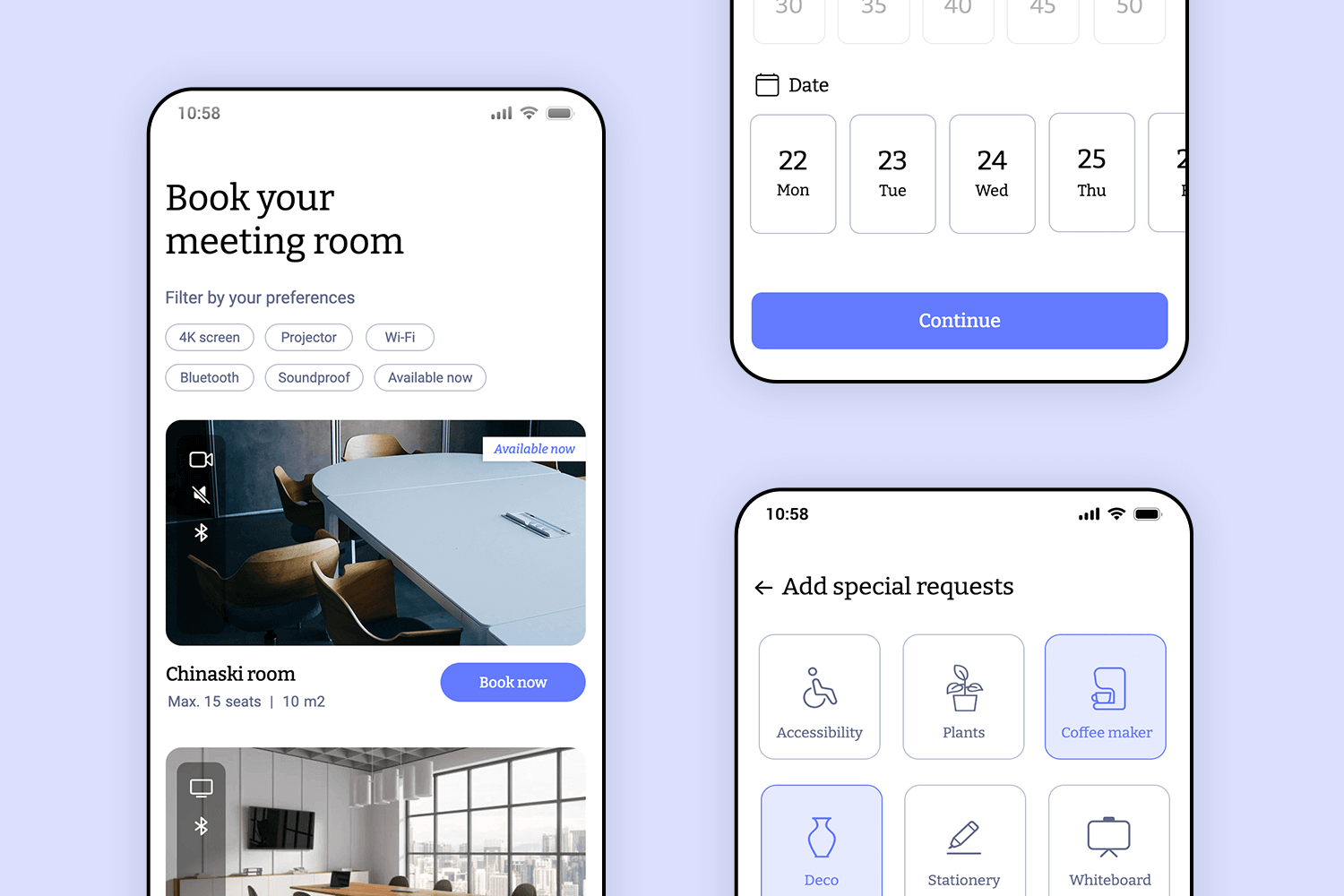 Meeting room booking app mockup with special requests and date selection